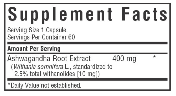 Ashwagandha Root Extract Vegetable Capsules supplement facts box